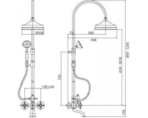 Душевая стойка со смесителем, с изливом, верхним и ручным душем CEZARES LORD-CVD-02-Bi