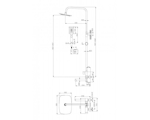 Душевая стойка со смесителем для ванны верхним и ручным душем BelBagno ACQUA-VSCM-NERO