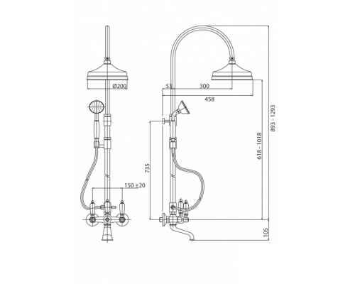 Душевая стойка со смесителем для ванны верхним и ручным душем CEZARES FIRST-CVD-03/24-Bi