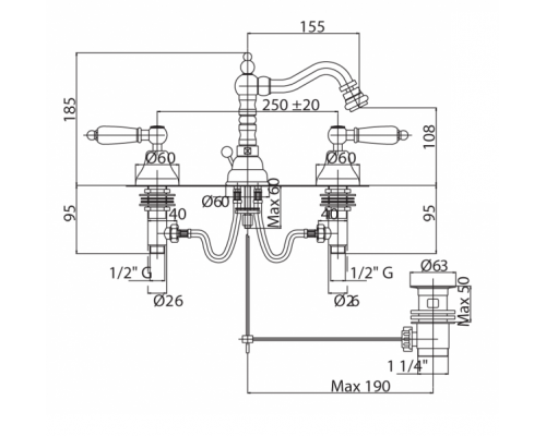 Смеситель для биде на три отверстия с донным клапаном CEZARES DIAMOND-BBS2-01-Sw