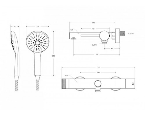 Смеситель для ванны и душа в комплекте с ручным душем, шлангом и держателем CEZARES RELAX-VD-NOP