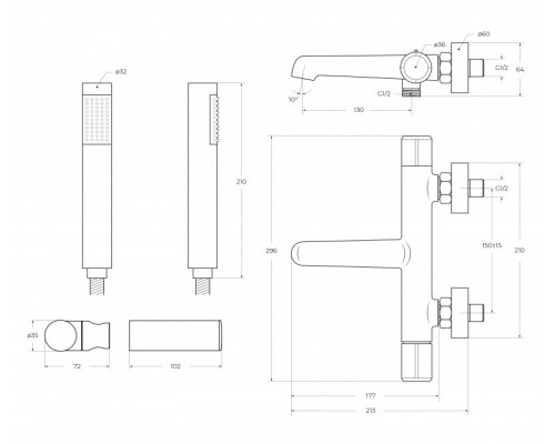 Смеситель для ванны и душа в комплекте с ручным душем, шлангом и держателем BelBagno UNO-VASM/DFS-CRM