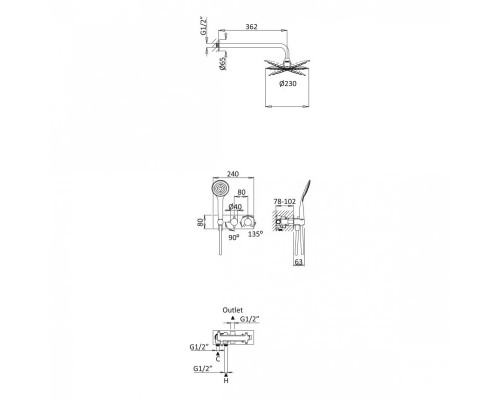Душевая система с термостатическим смесителем с верхним и ручным душем CEZARES CZR-B-VDIM-T-NOP
