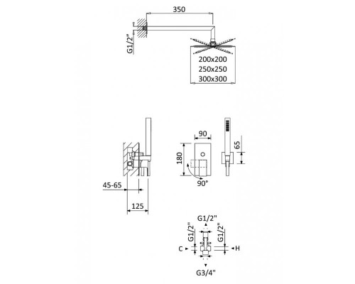 Душевая система с переключателем для верхнего и ручного душа, верхний душ из стены, квадратный 25 см, материал металл CEZARES PORTA-DSIPQ-25-NOP черный матовый