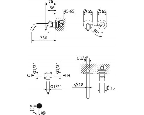 Смеситель для раковины встраиваемый однорычажный с тонкой ручкой, на два отверстия CEZARES LEAF-BLI2-L-01-W0