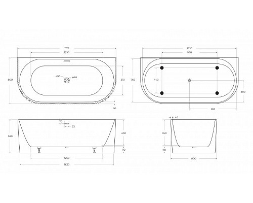 Пристенная, полукруглая акриловая ванна в комплекте со сливом-переливом BelBagno BB713-1700-800