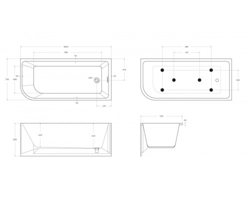 Акриловая ванна BelBagno BB712-1600-730-R 160x73 см, правая, пристенная, белая, асимметричная, на ножках, со сливом-переливом, с донным клапаном