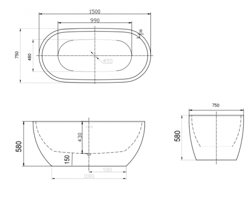 Акриловая ванна ART&MAX AM-218-1500-750 отдельностоящая