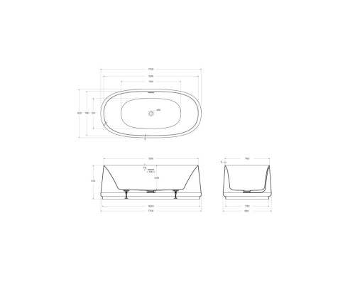 Акриловая ванна отдельностоящая 170х82 см, CEZARES CZR-LUX-CENTRAL-170-82-58