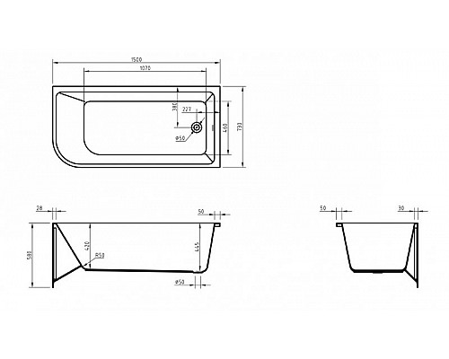 Пристенная прямоугольная акриловая ванна со сливом-переливом BelBagno BB712-1500-730-R правосторонняя