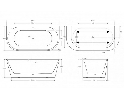 Пристенная, полукруглая акриловая ванна в комплекте со сливом-переливом BelBagno BB710-1700-800