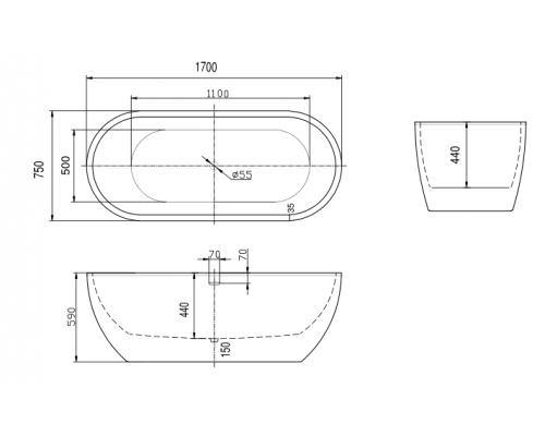 Акриловая ванна ART&MAX AM-218-1700-750 отдельностоящая