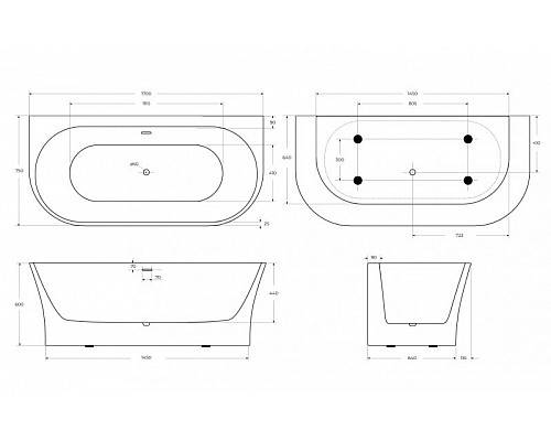 Пристенная, полукруглая акриловая ванна в комплекте со сливом-переливом BelBagno BB711-1700-750