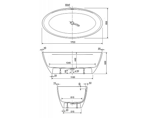 Ванна из литьевого мрамора CEZARES TITAN-OVAL-170-85-57 Ванна из литьевого мрамора CEZARES TITAN-OVAL-170-85-57