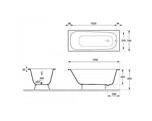 Купить Ванна чугунная Delice Continental 170х70 с антискользящим покрытием DLR230613-AS в магазине сантехники Santeh-Crystal.ru