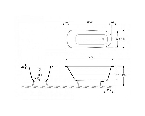 Купить Ванна чугунная Delice Continental 140х70 DLR230619 в магазине сантехники Santeh-Crystal.ru