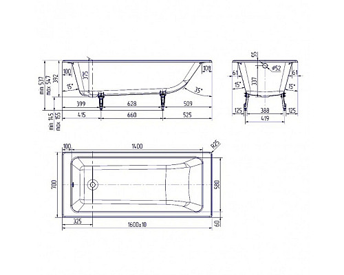 Заказать Ванна чугунная Delice Parallel 160х70 с антискользящим покрытием DLR220504-AS в магазине сантехники Santeh-Crystal.ru