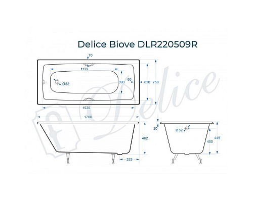 Ванна чугунная Delice Biove 170х75 с черными матовыми ручками DLR220509RB