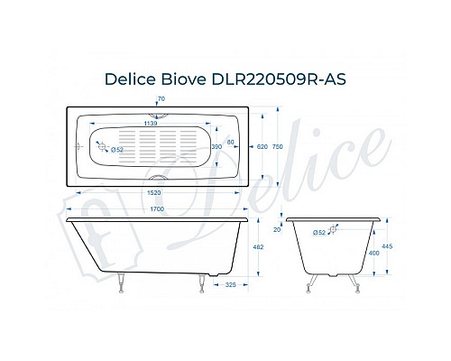 Ванна чугунная Delice Biove 170х75 с черными матовыми ручками и антискользящим покрытием DLR220509RB-AS