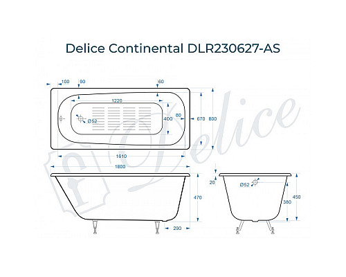 Ванна чугунная Delice Continental 180х80 с антискользящим покрытием DLR230627-AS