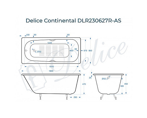 Ванна чугунная Delice Continental 180х80 с отверстиями под ручки и антискользящим покрытием DLR230627R-AS