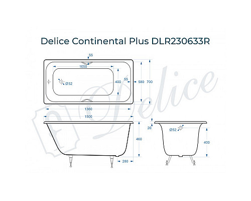 Ванна чугунная Delice Continental PLUS 150х70 с отверстиями под ручки DLR230633R