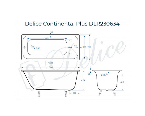 Ванна чугунная Delice Continental PLUS 170х70 DLR230634