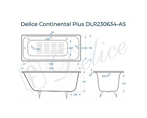 Ванна чугунная Delice Continental PLUS 170х70 с антискользящим покрытием DLR230634-AS