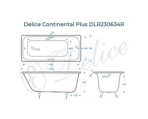 Ванна чугунная Delice Continental PLUS 170х70 с отверстиями под ручки DLR230634R