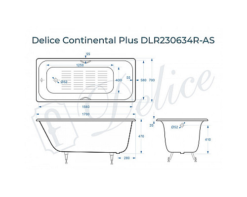 Ванна чугунная Delice Continental PLUS 170х70 с отверстиями под ручки и антискользящим покрытием DLR230634R-AS