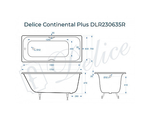 Ванна чугунная Delice Continental PLUS 170х75 с отверстиями под ручки DLR230635R