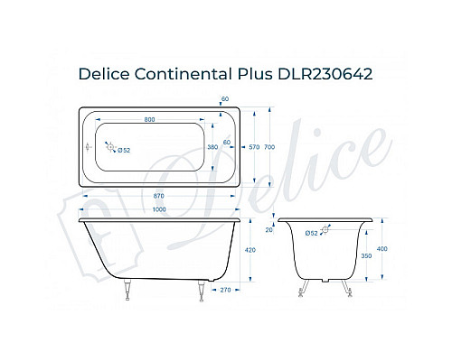 Ванна чугунная Delice Continental PLUS 100х70 DLR230642