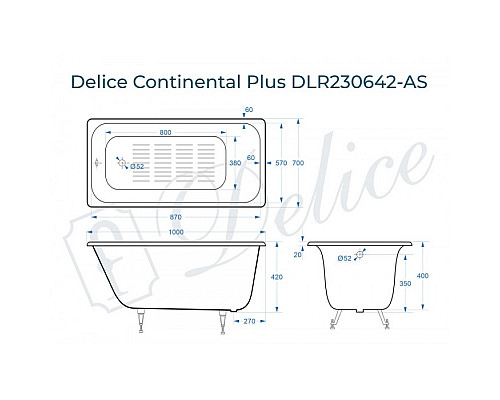 Ванна чугунная Delice Continental PLUS 100х70 с антискользящим покрытием DLR230642-AS