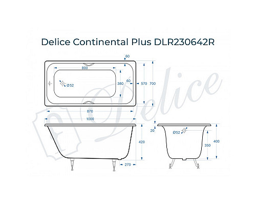 Ванна чугунная Delice Continental PLUS 100х70 с отверстиями под ручки DLR230642R