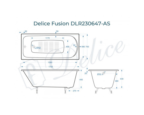 Ванна чугунная Delice Fusion 170х70 с антискользящим покрытием DLR230647-AS
