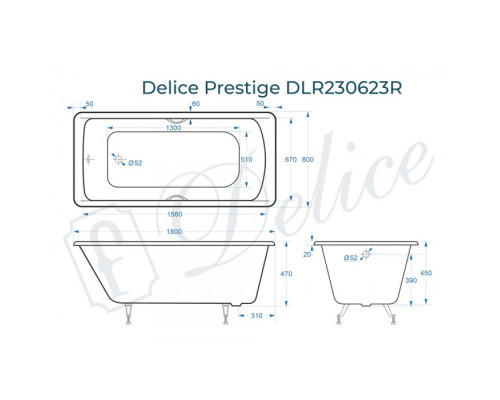 Ванна чугунная Delice Prestige 180х80 с отверстиями под ручки DLR230623R