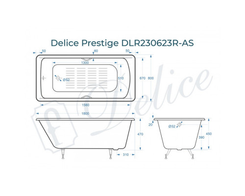 Ванна чугунная Delice Prestige 180х80 с отверстиями под ручки и антискользящим покрытием DLR230623R-AS