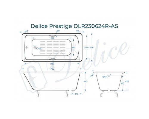 Ванна чугунная Delice Prestige 170х70 с отверстиями под ручки и антискользящим покрытием DLR230624R-AS