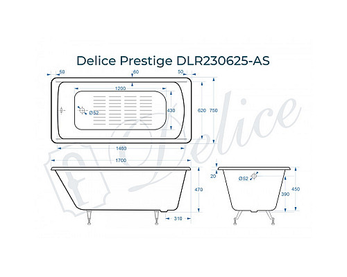 Ванна чугунная Delice Prestige 170х75 с антискользящим покрытием DLR230625-AS