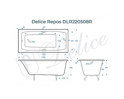 Ванна чугунная Delice Repos 170х70 с черными матовыми ручками  DLR220508RB