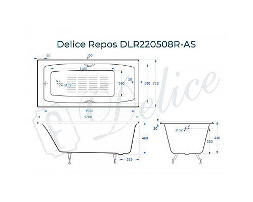 Ванна чугунная Delice Repos 170х70 с черными матовыми ручками и антискользящим покрытием DLR220508RB-AS