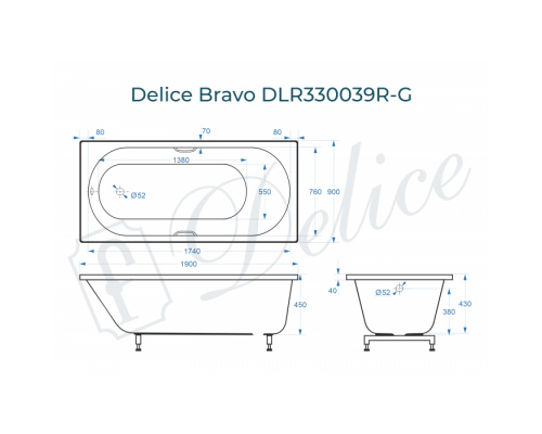 Ванна из литьевого мрамора Delice Bravo 190х90 глянцевая с ручками Хром DLR330039R-G