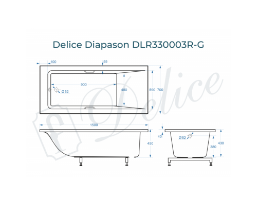 Ванна из литьевого мрамора Delice Diapason 150х70 глянцевая с ручками Хром DLR330003R-G
