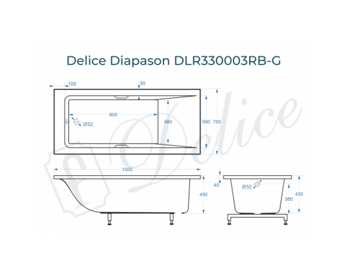 Ванна из литьевого мрамора Delice Diapason 150х70 глянцевая с черными ручками DLR330003RB-G