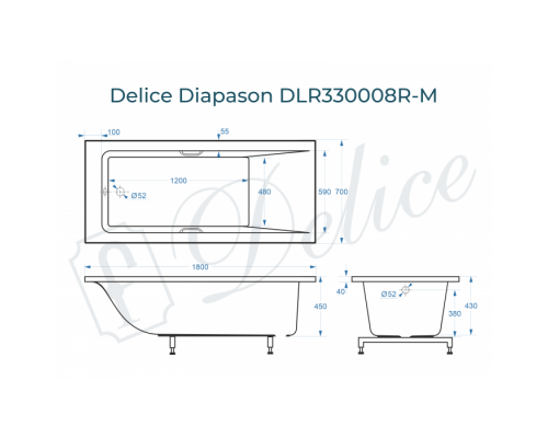 Ванна из литьевого мрамора Delice Diapason 180х70 матовая с ручками Хром DLR330008R-M