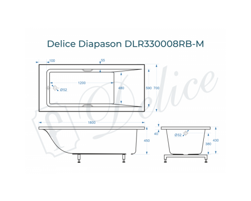 Ванна из литьевого мрамора Delice Diapason 180х70 матовая с черными ручками DLR330008RB-M