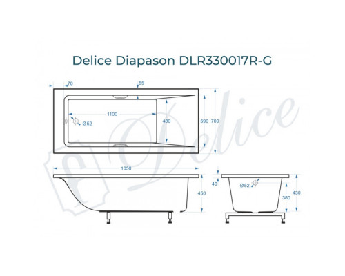 Ванна из литьевого мрамора Delice Diapason 165х70 глянцевая с ручками Хром DLR330017R-G