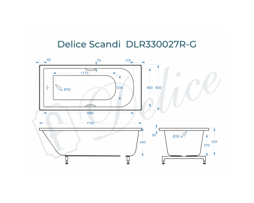 Ванна из литьевого мрамора Delice Scandi 170х80 глянцевая с ручками Хром DLR330027R-G