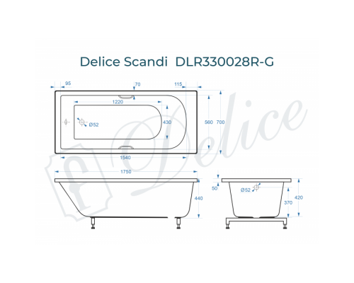 Ванна из литьевого мрамора Delice Scandi 175х70 глянцевая с ручками Хром DLR330028R-G