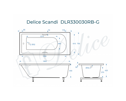 Ванна из литьевого мрамора Delice Scandi 180х75 глянцевая с черными ручками DLR330030RB-G